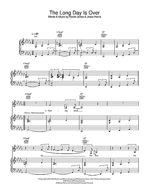 Preview Norah Jones The Long Day Is Over Pop sheet music, notes and chords for Piano, Vocal & Guitar, SKU: 21688 sheet music, piano notes, chords, guitar tabs, score, transpose, transcribe, how to play, guide, download, learn, tutorial, progression, song, artist, awards, billboard, mtv, vh1, tour, single, album, release