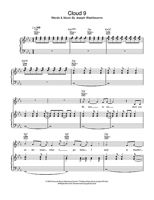 Preview Toploader Cloud 9 Rock sheet music, notes and chords for Piano, Vocal & Guitar, SKU: 21693 sheet music, piano notes, chords, guitar tabs, score, transpose, transcribe, how to play, guide, download, learn, tutorial, progression, song, artist, awards, billboard, mtv, vh1, tour, single, album, release