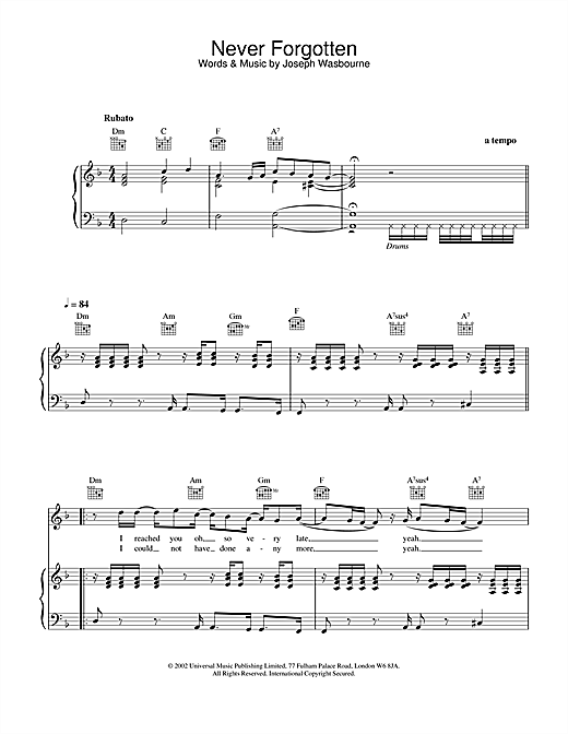 Preview Toploader Never Forgotten Rock sheet music, notes and chords for Piano, Vocal & Guitar, SKU: 21697 sheet music, piano notes, chords, guitar tabs, score, transpose, transcribe, how to play, guide, download, learn, tutorial, progression, song, artist, awards, billboard, mtv, vh1, tour, single, album, release