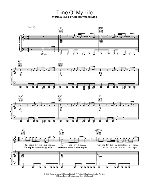 Preview Toploader Time Of My Life Rock sheet music, notes and chords for Piano, Vocal & Guitar, SKU: 21703 sheet music, piano notes, chords, guitar tabs, score, transpose, transcribe, how to play, guide, download, learn, tutorial, progression, song, artist, awards, billboard, mtv, vh1, tour, single, album, release