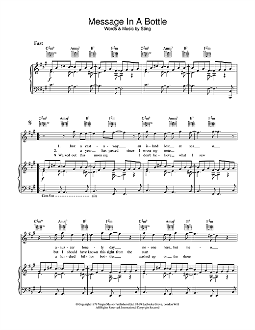Preview The Police Message In A Bottle Rock sheet music, notes and chords for Piano, Vocal & Guitar, SKU: 21706 sheet music, piano notes, chords, guitar tabs, score, transpose, transcribe, how to play, guide, download, learn, tutorial, progression, song, artist, awards, billboard, mtv, vh1, tour, single, album, release