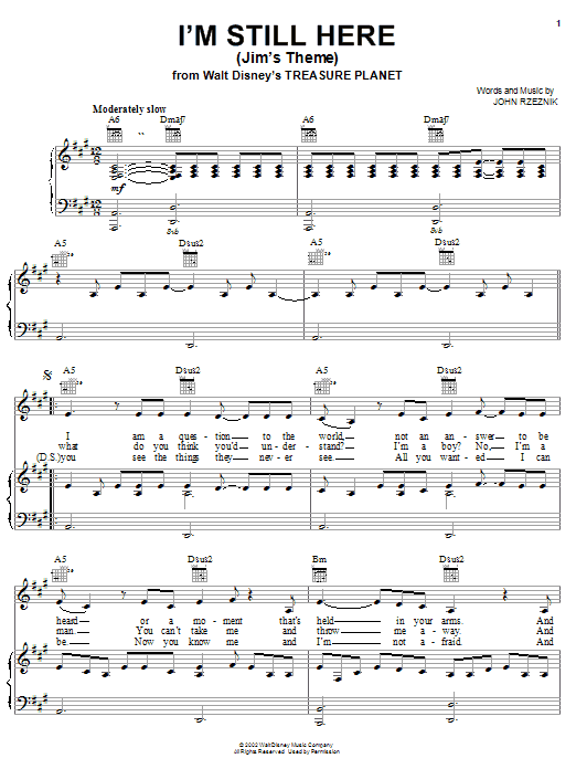 Preview John Rzeznik I'm Still Here (Jim's Theme) Pop sheet music, notes and chords for Piano, Vocal & Guitar (Right-Hand Melody), SKU: 21707 sheet music, piano notes, chords, guitar tabs, score, transpose, transcribe, how to play, guide, download, learn, tutorial, progression, song, artist, awards, billboard, mtv, vh1, tour, single, album, release
