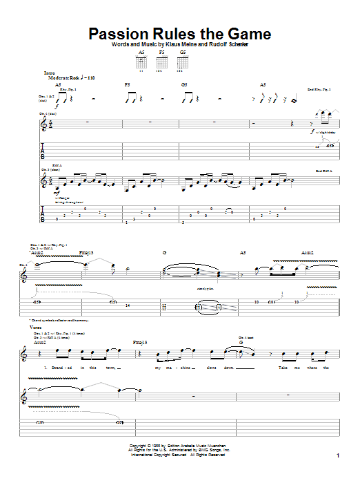 Preview Scorpions Passion Rules The Game Rock sheet music, notes and chords for Guitar Tab, SKU: 21711 sheet music, piano notes, chords, guitar tabs, score, transpose, transcribe, how to play, guide, download, learn, tutorial, progression, song, artist, awards, billboard, mtv, vh1, tour, single, album, release