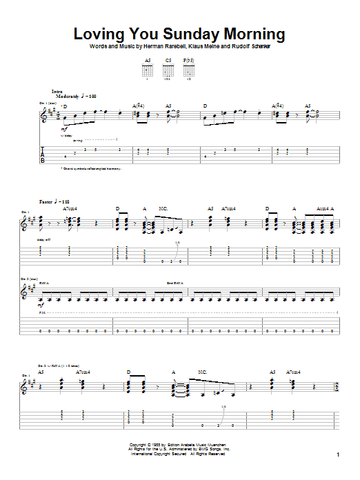 Preview Scorpions Loving You Sunday Morning Rock sheet music, notes and chords for Guitar Tab, SKU: 21714 sheet music, piano notes, chords, guitar tabs, score, transpose, transcribe, how to play, guide, download, learn, tutorial, progression, song, artist, awards, billboard, mtv, vh1, tour, single, album, release