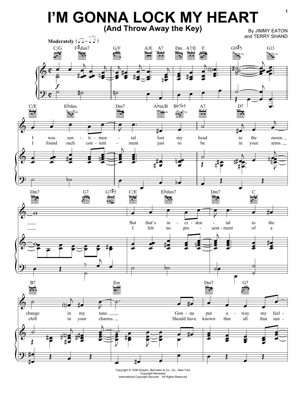 Preview Jimmy Eaton I'm Gonna Lock My Heart (And Throw Away The Key) Jazz sheet music, notes and chords for Piano, Vocal & Guitar (Right-Hand Melody), SKU: 21719 sheet music, piano notes, chords, guitar tabs, score, transpose, transcribe, how to play, guide, download, learn, tutorial, progression, song, artist, awards, billboard, mtv, vh1, tour, single, album, release