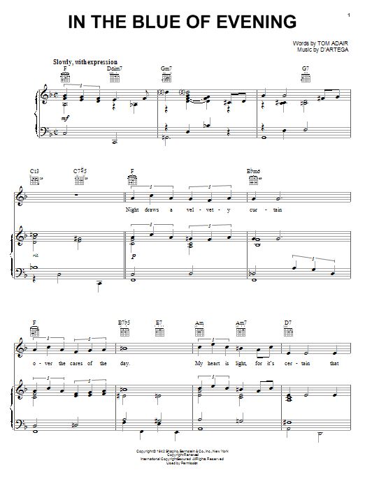Preview Tom Adair In The Blue Of Evening Jazz sheet music, notes and chords for Piano, Vocal & Guitar (Right-Hand Melody), SKU: 21725 sheet music, piano notes, chords, guitar tabs, score, transpose, transcribe, how to play, guide, download, learn, tutorial, progression, song, artist, awards, billboard, mtv, vh1, tour, single, album, release
