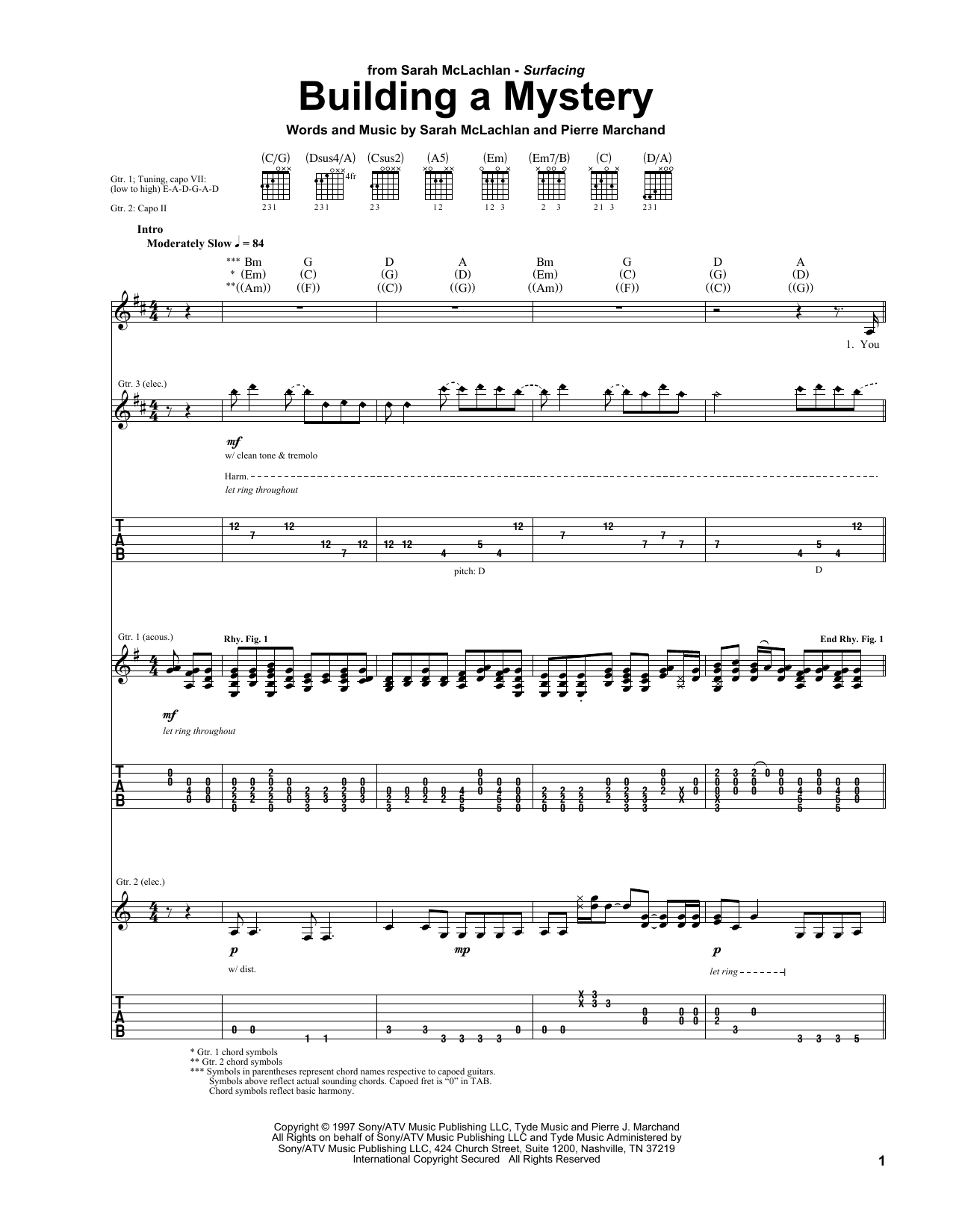 Preview Sarah McLachlan Building A Mystery Rock sheet music, notes and chords for Guitar Tab, SKU: 21734 sheet music, piano notes, chords, guitar tabs, score, transpose, transcribe, how to play, guide, download, learn, tutorial, progression, song, artist, awards, billboard, mtv, vh1, tour, single, album, release