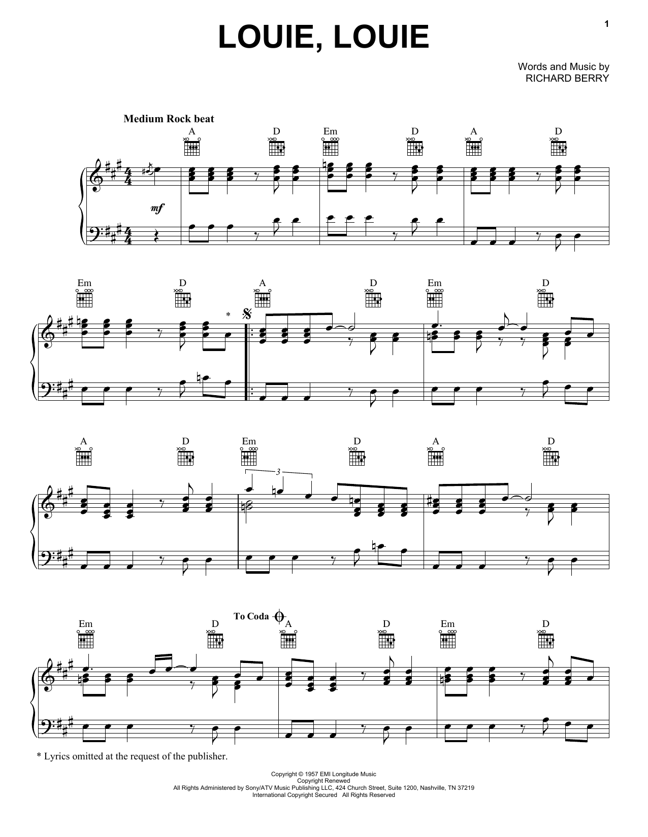 Preview The Kingsmen Louie, Louie Film and TV sheet music, notes and chords for Piano, SKU: 21744 sheet music, piano notes, chords, guitar tabs, score, transpose, transcribe, how to play, guide, download, learn, tutorial, progression, song, artist, awards, billboard, mtv, vh1, tour, single, album, release