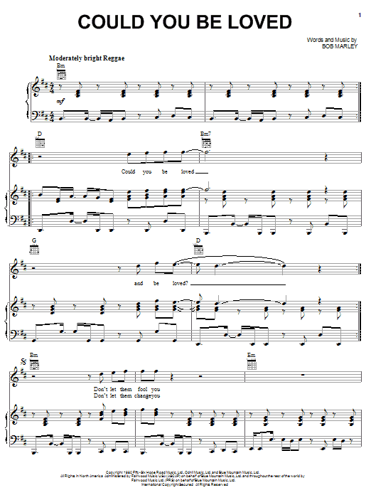 Preview Bob Marley Could You Be Loved Pop sheet music, notes and chords for Piano, Vocal & Guitar (Right-Hand Melody), SKU: 21766 sheet music, piano notes, chords, guitar tabs, score, transpose, transcribe, how to play, guide, download, learn, tutorial, progression, song, artist, awards, billboard, mtv, vh1, tour, single, album, release