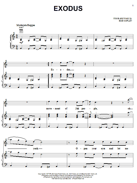 Preview Bob Marley Exodus Reggae sheet music, notes and chords for Piano, Vocal & Guitar (Right-Hand Melody), SKU: 21767 sheet music, piano notes, chords, guitar tabs, score, transpose, transcribe, how to play, guide, download, learn, tutorial, progression, song, artist, awards, billboard, mtv, vh1, tour, single, album, release