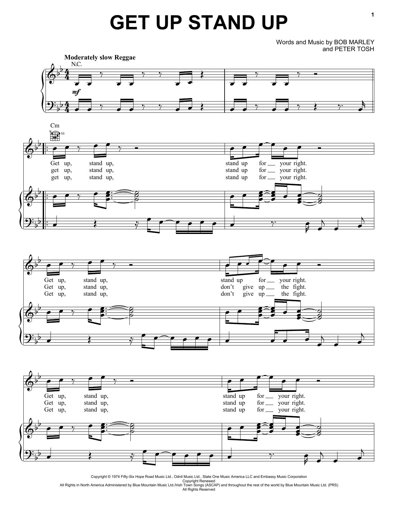 Preview Bob Marley Get Up Stand Up World sheet music, notes and chords for Piano, Vocal & Guitar (Right-Hand Melody), SKU: 21768 sheet music, piano notes, chords, guitar tabs, score, transpose, transcribe, how to play, guide, download, learn, tutorial, progression, song, artist, awards, billboard, mtv, vh1, tour, single, album, release