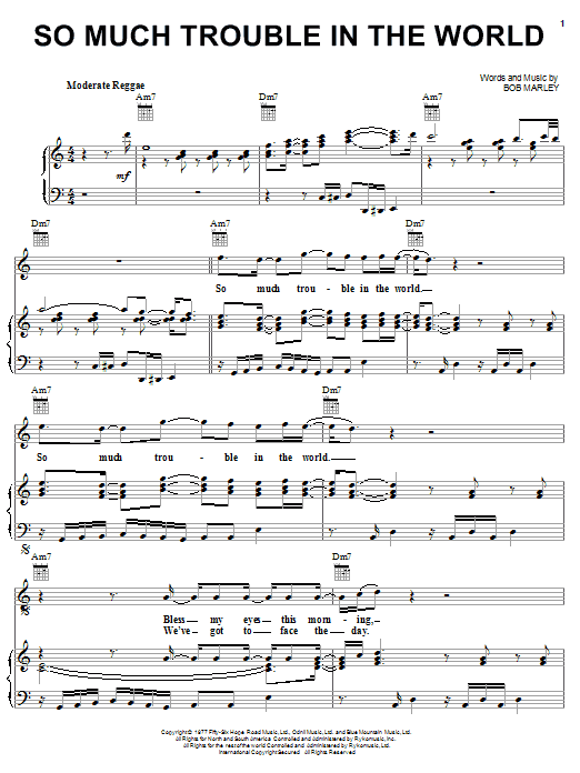 Preview Bob Marley So Much Trouble In The World Reggae sheet music, notes and chords for Piano, Vocal & Guitar (Right-Hand Melody), SKU: 21776 sheet music, piano notes, chords, guitar tabs, score, transpose, transcribe, how to play, guide, download, learn, tutorial, progression, song, artist, awards, billboard, mtv, vh1, tour, single, album, release