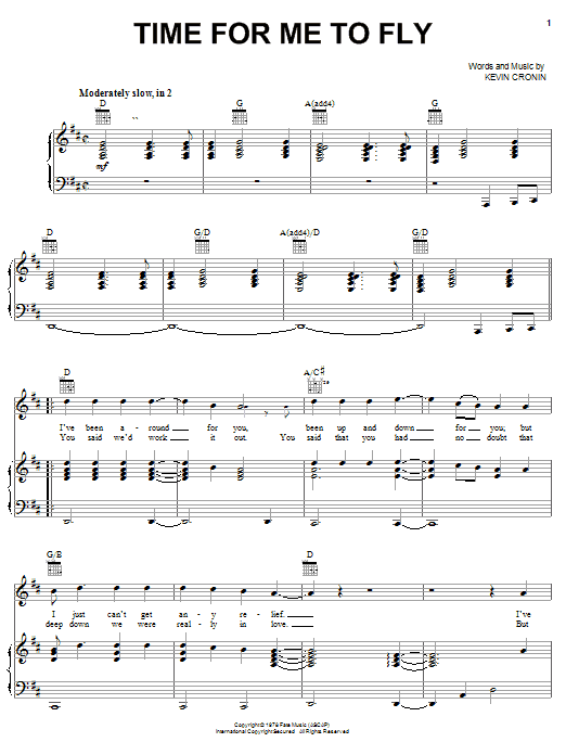 Preview REO Speedwagon Time For Me To Fly Rock sheet music, notes and chords for Piano, Vocal & Guitar (Right-Hand Melody), SKU: 21781 sheet music, piano notes, chords, guitar tabs, score, transpose, transcribe, how to play, guide, download, learn, tutorial, progression, song, artist, awards, billboard, mtv, vh1, tour, single, album, release