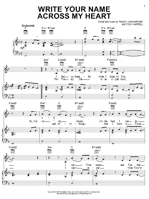 Preview The Oak Ridge Boys Write Your Name Across My Heart Country sheet music, notes and chords for Piano, Vocal & Guitar (Right-Hand Melody), SKU: 21785 sheet music, piano notes, chords, guitar tabs, score, transpose, transcribe, how to play, guide, download, learn, tutorial, progression, song, artist, awards, billboard, mtv, vh1, tour, single, album, release