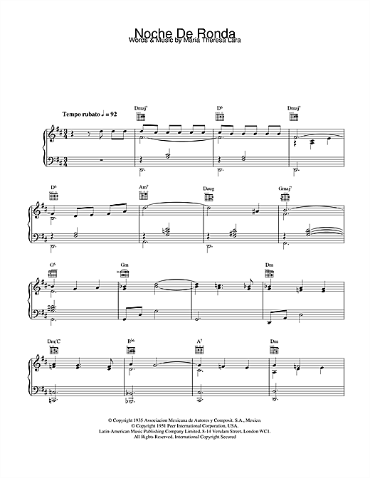 Preview Placido Domingo Noche De Ronda Classical sheet music, notes and chords for Piano, Vocal & Guitar, SKU: 21794 sheet music, piano notes, chords, guitar tabs, score, transpose, transcribe, how to play, guide, download, learn, tutorial, progression, song, artist, awards, billboard, mtv, vh1, tour, single, album, release