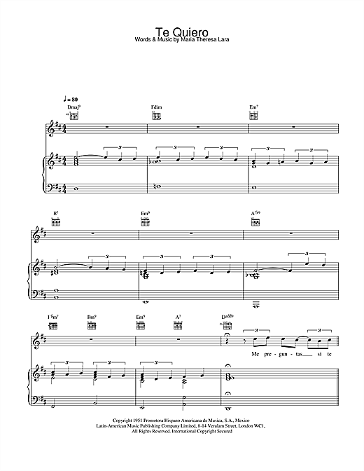 Preview Placido Domingo Te Quiero Classical sheet music, notes and chords for Piano, Vocal & Guitar, SKU: 21795 sheet music, piano notes, chords, guitar tabs, score, transpose, transcribe, how to play, guide, download, learn, tutorial, progression, song, artist, awards, billboard, mtv, vh1, tour, single, album, release