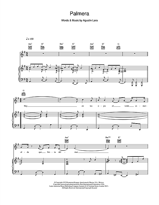 Preview Placido Domingo Palmera Classical sheet music, notes and chords for Piano, Vocal & Guitar, SKU: 21797 sheet music, piano notes, chords, guitar tabs, score, transpose, transcribe, how to play, guide, download, learn, tutorial, progression, song, artist, awards, billboard, mtv, vh1, tour, single, album, release