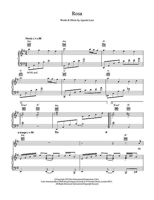 Preview Placido Domingo Rosa Classical sheet music, notes and chords for Piano, Vocal & Guitar, SKU: 21799 sheet music, piano notes, chords, guitar tabs, score, transpose, transcribe, how to play, guide, download, learn, tutorial, progression, song, artist, awards, billboard, mtv, vh1, tour, single, album, release