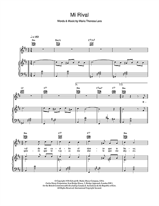 Preview Placido Domingo Mi Rival Classical sheet music, notes and chords for Piano, Vocal & Guitar (Right-Hand Melody), SKU: 21800 sheet music, piano notes, chords, guitar tabs, score, transpose, transcribe, how to play, guide, download, learn, tutorial, progression, song, artist, awards, billboard, mtv, vh1, tour, single, album, release