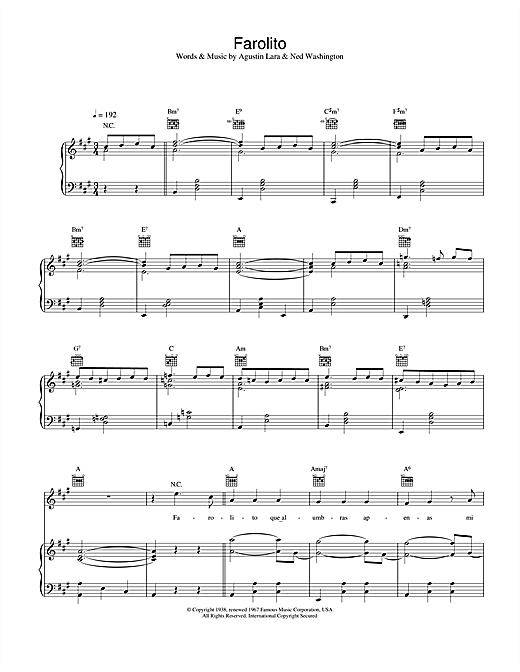 Preview Placido Domingo Farolito Classical sheet music, notes and chords for Piano, Vocal & Guitar, SKU: 21802 sheet music, piano notes, chords, guitar tabs, score, transpose, transcribe, how to play, guide, download, learn, tutorial, progression, song, artist, awards, billboard, mtv, vh1, tour, single, album, release