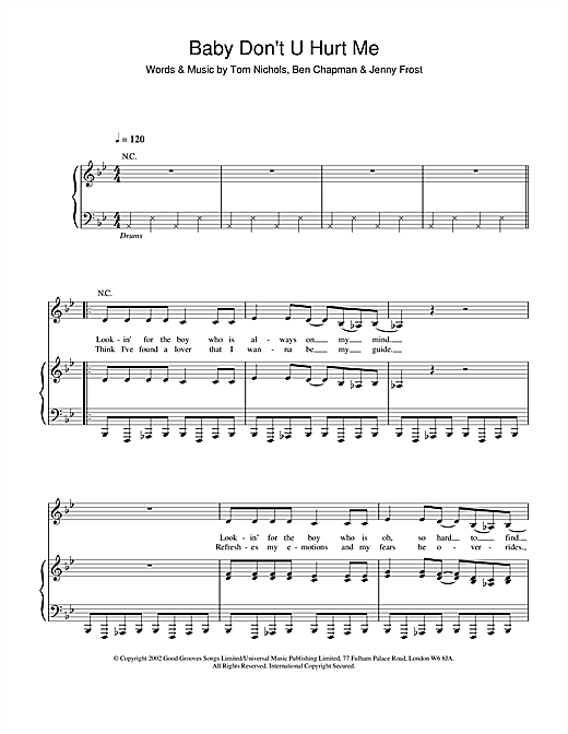 Preview Atomic Kitten Baby Don't U Hurt Me Pop sheet music, notes and chords for Piano, Vocal & Guitar, SKU: 21804 sheet music, piano notes, chords, guitar tabs, score, transpose, transcribe, how to play, guide, download, learn, tutorial, progression, song, artist, awards, billboard, mtv, vh1, tour, single, album, release