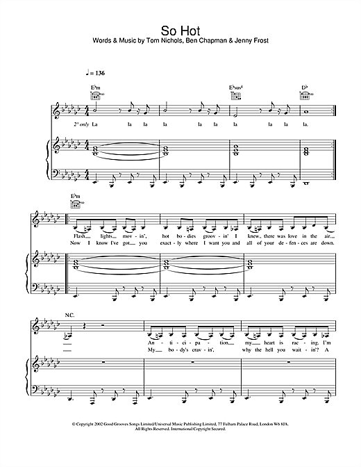 Preview Atomic Kitten So Hot Pop sheet music, notes and chords for Piano, Vocal & Guitar, SKU: 21810 sheet music, piano notes, chords, guitar tabs, score, transpose, transcribe, how to play, guide, download, learn, tutorial, progression, song, artist, awards, billboard, mtv, vh1, tour, single, album, release
