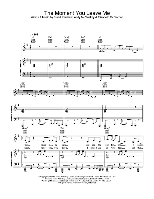 Preview Atomic Kitten The Moment You Leave Me Pop sheet music, notes and chords for Piano, Vocal & Guitar, SKU: 21812 sheet music, piano notes, chords, guitar tabs, score, transpose, transcribe, how to play, guide, download, learn, tutorial, progression, song, artist, awards, billboard, mtv, vh1, tour, single, album, release