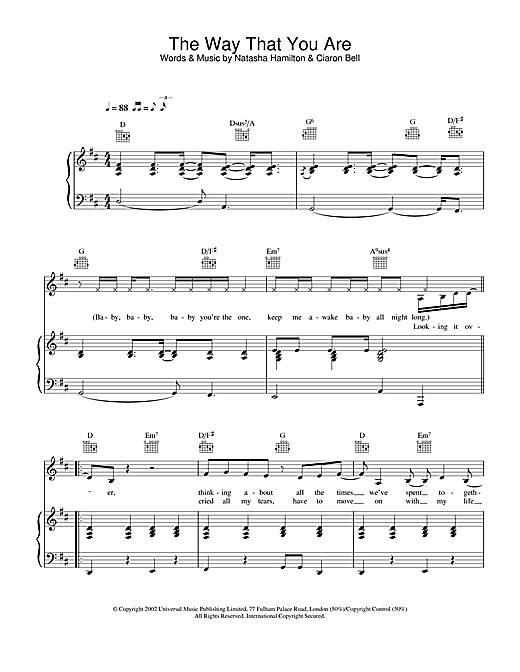 Preview Atomic Kitten The Way That You Are Pop sheet music, notes and chords for Piano, Vocal & Guitar, SKU: 21813 sheet music, piano notes, chords, guitar tabs, score, transpose, transcribe, how to play, guide, download, learn, tutorial, progression, song, artist, awards, billboard, mtv, vh1, tour, single, album, release