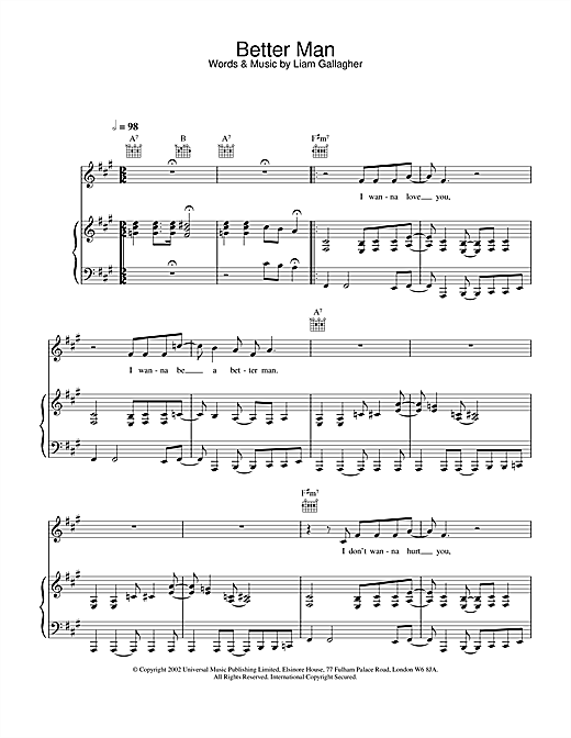 Preview Oasis Better Man Pop sheet music, notes and chords for Piano, Vocal & Guitar, SKU: 21817 sheet music, piano notes, chords, guitar tabs, score, transpose, transcribe, how to play, guide, download, learn, tutorial, progression, song, artist, awards, billboard, mtv, vh1, tour, single, album, release