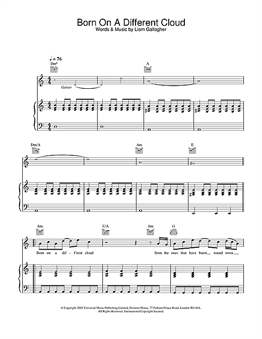 Preview Oasis Born On A Different Cloud Pop sheet music, notes and chords for Piano, Vocal & Guitar, SKU: 21818 sheet music, piano notes, chords, guitar tabs, score, transpose, transcribe, how to play, guide, download, learn, tutorial, progression, song, artist, awards, billboard, mtv, vh1, tour, single, album, release