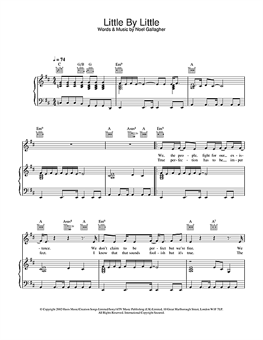 Preview Oasis Little By Little Pop sheet music, notes and chords for Piano, Vocal & Guitar, SKU: 21819 sheet music, piano notes, chords, guitar tabs, score, transpose, transcribe, how to play, guide, download, learn, tutorial, progression, song, artist, awards, billboard, mtv, vh1, tour, single, album, release
