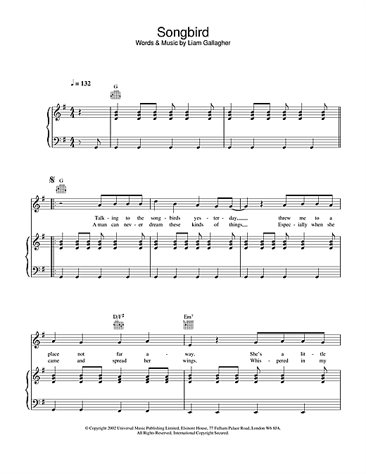 Preview Oasis Songbird Pop sheet music, notes and chords for Piano, Vocal & Guitar, SKU: 21820 sheet music, piano notes, chords, guitar tabs, score, transpose, transcribe, how to play, guide, download, learn, tutorial, progression, song, artist, awards, billboard, mtv, vh1, tour, single, album, release