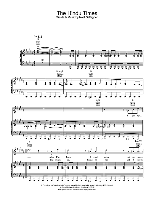 Preview Oasis The Hindu Times Pop sheet music, notes and chords for Piano, Vocal & Guitar, SKU: 21822 sheet music, piano notes, chords, guitar tabs, score, transpose, transcribe, how to play, guide, download, learn, tutorial, progression, song, artist, awards, billboard, mtv, vh1, tour, single, album, release