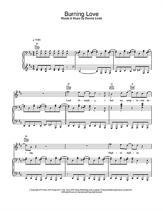 Preview Elvis Presley Burning Love Pop sheet music, notes and chords for Piano, Vocal & Guitar, SKU: 21824 sheet music, piano notes, chords, guitar tabs, score, transpose, transcribe, how to play, guide, download, learn, tutorial, progression, song, artist, awards, billboard, mtv, vh1, tour, single, album, release