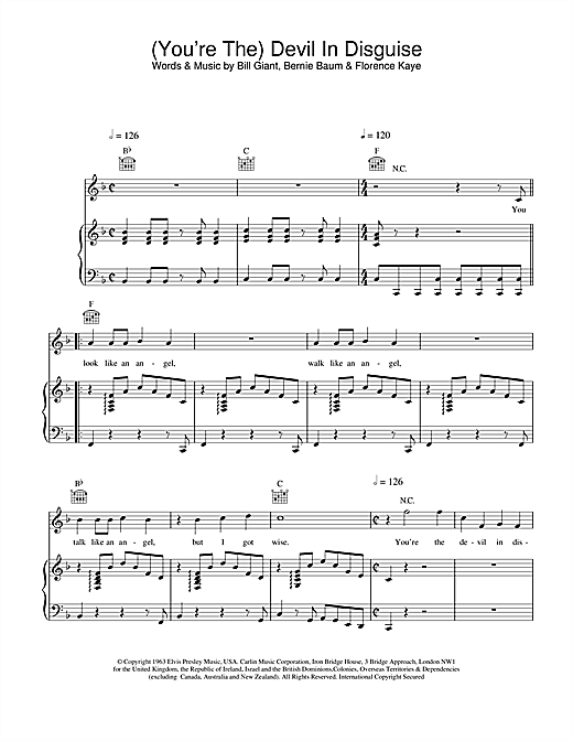 Preview Elvis Presley (You're The) Devil In Disguise Pop sheet music, notes and chords for Piano, Vocal & Guitar, SKU: 21826 sheet music, piano notes, chords, guitar tabs, score, transpose, transcribe, how to play, guide, download, learn, tutorial, progression, song, artist, awards, billboard, mtv, vh1, tour, single, album, release