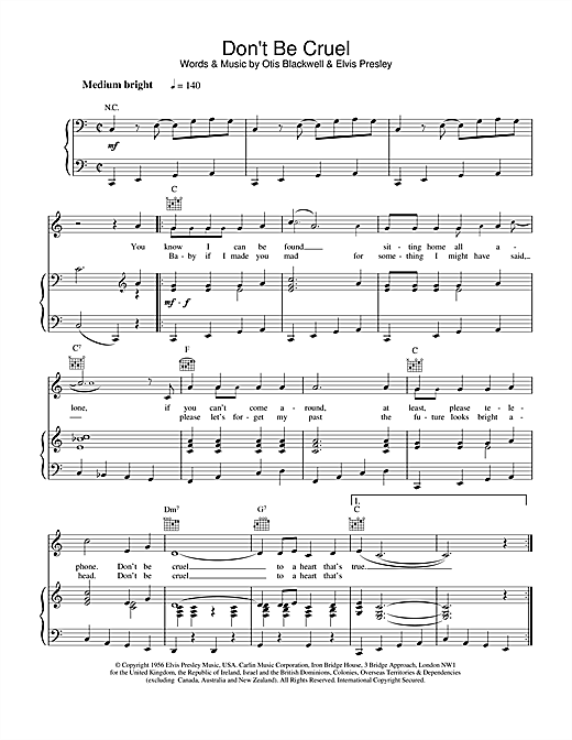 Preview Elvis Presley Don't Be Cruel Pop sheet music, notes and chords for Piano, Vocal & Guitar (Right-Hand Melody), SKU: 21827 sheet music, piano notes, chords, guitar tabs, score, transpose, transcribe, how to play, guide, download, learn, tutorial, progression, song, artist, awards, billboard, mtv, vh1, tour, single, album, release