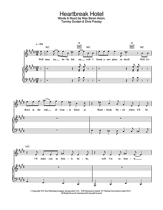 Preview Elvis Presley Heartbreak Hotel Pop sheet music, notes and chords for Piano, Vocal & Guitar, SKU: 21829 sheet music, piano notes, chords, guitar tabs, score, transpose, transcribe, how to play, guide, download, learn, tutorial, progression, song, artist, awards, billboard, mtv, vh1, tour, single, album, release