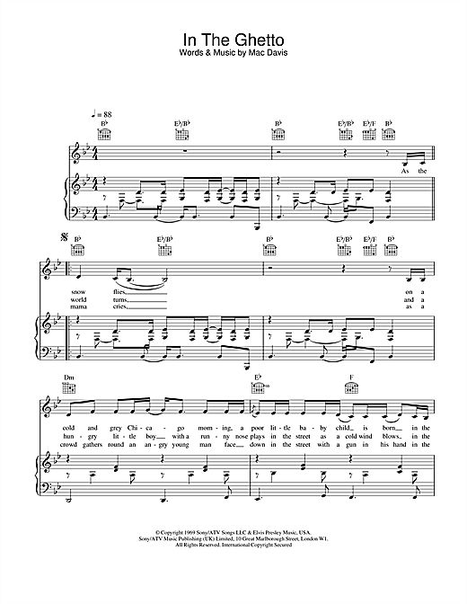 Preview Elvis Presley In The Ghetto Pop sheet music, notes and chords for Piano, Vocal & Guitar, SKU: 21832 sheet music, piano notes, chords, guitar tabs, score, transpose, transcribe, how to play, guide, download, learn, tutorial, progression, song, artist, awards, billboard, mtv, vh1, tour, single, album, release
