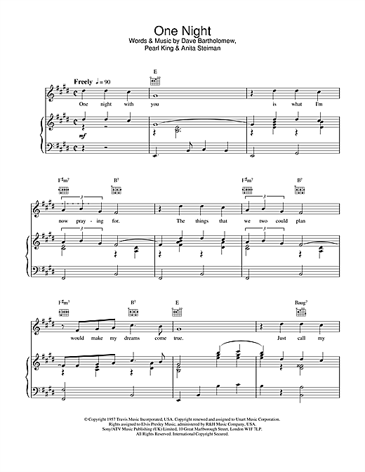 Preview Elvis Presley One Night Pop sheet music, notes and chords for Piano, Vocal & Guitar (Right-Hand Melody), SKU: 21836 sheet music, piano notes, chords, guitar tabs, score, transpose, transcribe, how to play, guide, download, learn, tutorial, progression, song, artist, awards, billboard, mtv, vh1, tour, single, album, release