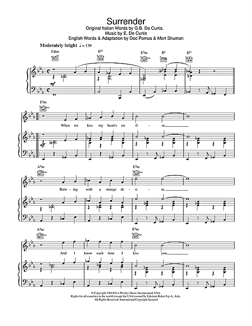 Preview Elvis Presley Surrender Pop sheet music, notes and chords for Piano, Vocal & Guitar (Right-Hand Melody), SKU: 21837 sheet music, piano notes, chords, guitar tabs, score, transpose, transcribe, how to play, guide, download, learn, tutorial, progression, song, artist, awards, billboard, mtv, vh1, tour, single, album, release