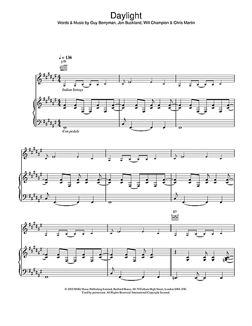 Preview Coldplay Daylight Pop sheet music, notes and chords for Piano, Vocal & Guitar, SKU: 21863 sheet music, piano notes, chords, guitar tabs, score, transpose, transcribe, how to play, guide, download, learn, tutorial, progression, song, artist, awards, billboard, mtv, vh1, tour, single, album, release