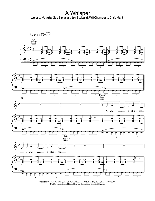 Preview Coldplay A Whisper Pop sheet music, notes and chords for Piano, Vocal & Guitar, SKU: 21866 sheet music, piano notes, chords, guitar tabs, score, transpose, transcribe, how to play, guide, download, learn, tutorial, progression, song, artist, awards, billboard, mtv, vh1, tour, single, album, release