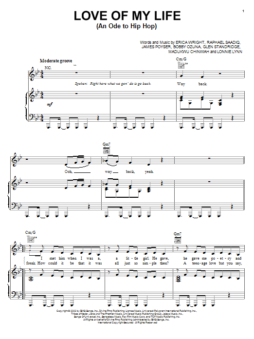 Preview Erykah Badu Love Of My Life (An Ode To Hip Hop) Pop sheet music, notes and chords for Piano, Vocal & Guitar (Right-Hand Melody), SKU: 21869 sheet music, piano notes, chords, guitar tabs, score, transpose, transcribe, how to play, guide, download, learn, tutorial, progression, song, artist, awards, billboard, mtv, vh1, tour, single, album, release