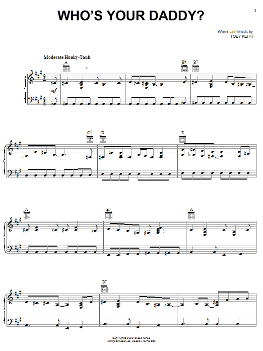Preview Toby Keith Who's Your Daddy? Country sheet music, notes and chords for Piano, Vocal & Guitar (Right-Hand Melody), SKU: 21870 sheet music, piano notes, chords, guitar tabs, score, transpose, transcribe, how to play, guide, download, learn, tutorial, progression, song, artist, awards, billboard, mtv, vh1, tour, single, album, release