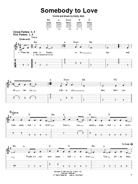 Preview Jefferson Airplane Somebody To Love Rock sheet music, notes and chords for Easy Guitar, SKU: 21873 sheet music, piano notes, chords, guitar tabs, score, transpose, transcribe, how to play, guide, download, learn, tutorial, progression, song, artist, awards, billboard, mtv, vh1, tour, single, album, release