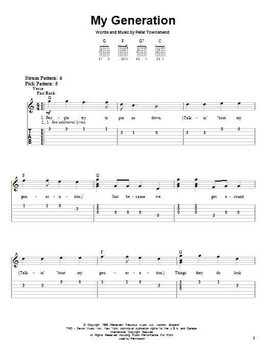 Preview The Who My Generation Pop sheet music, notes and chords for Easy Guitar, SKU: 21879 sheet music, piano notes, chords, guitar tabs, score, transpose, transcribe, how to play, guide, download, learn, tutorial, progression, song, artist, awards, billboard, mtv, vh1, tour, single, album, release