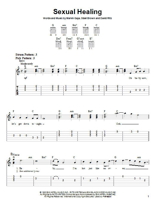 Preview Marvin Gaye Sexual Healing Pop sheet music, notes and chords for Easy Guitar, SKU: 21885 sheet music, piano notes, chords, guitar tabs, score, transpose, transcribe, how to play, guide, download, learn, tutorial, progression, song, artist, awards, billboard, mtv, vh1, tour, single, album, release