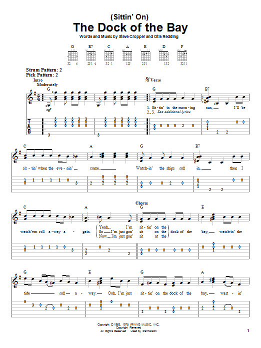 Preview Otis Redding (Sittin' On) The Dock Of The Bay Pop sheet music, notes and chords for Easy Guitar Tab, SKU: 21886 sheet music, piano notes, chords, guitar tabs, score, transpose, transcribe, how to play, guide, download, learn, tutorial, progression, song, artist, awards, billboard, mtv, vh1, tour, single, album, release