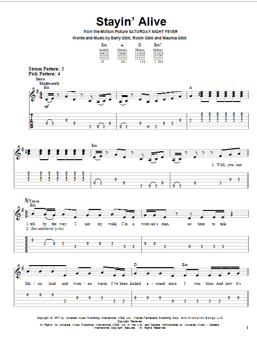 Preview Bee Gees Stayin' Alive Pop sheet music, notes and chords for Easy Guitar Tab, SKU: 21888 sheet music, piano notes, chords, guitar tabs, score, transpose, transcribe, how to play, guide, download, learn, tutorial, progression, song, artist, awards, billboard, mtv, vh1, tour, single, album, release