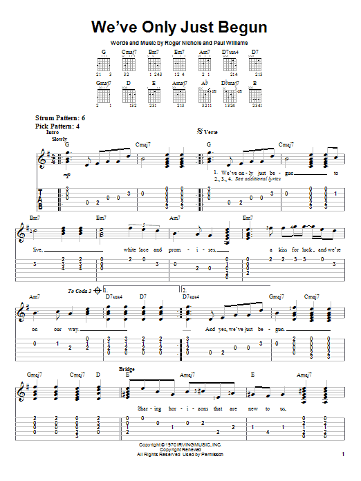 Preview Carpenters We've Only Just Begun Pop sheet music, notes and chords for Easy Guitar, SKU: 21890 sheet music, piano notes, chords, guitar tabs, score, transpose, transcribe, how to play, guide, download, learn, tutorial, progression, song, artist, awards, billboard, mtv, vh1, tour, single, album, release